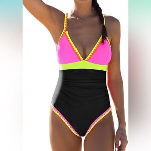 Vibrant Pink and Black One-Piece‎ Swimsuit medium